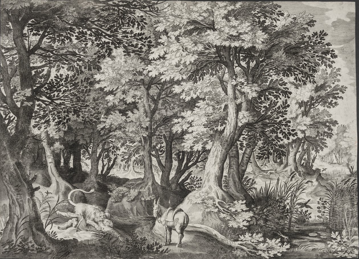 Paisaje con el profeta desobediente siendo devorado por un león de Jan van Londerseel