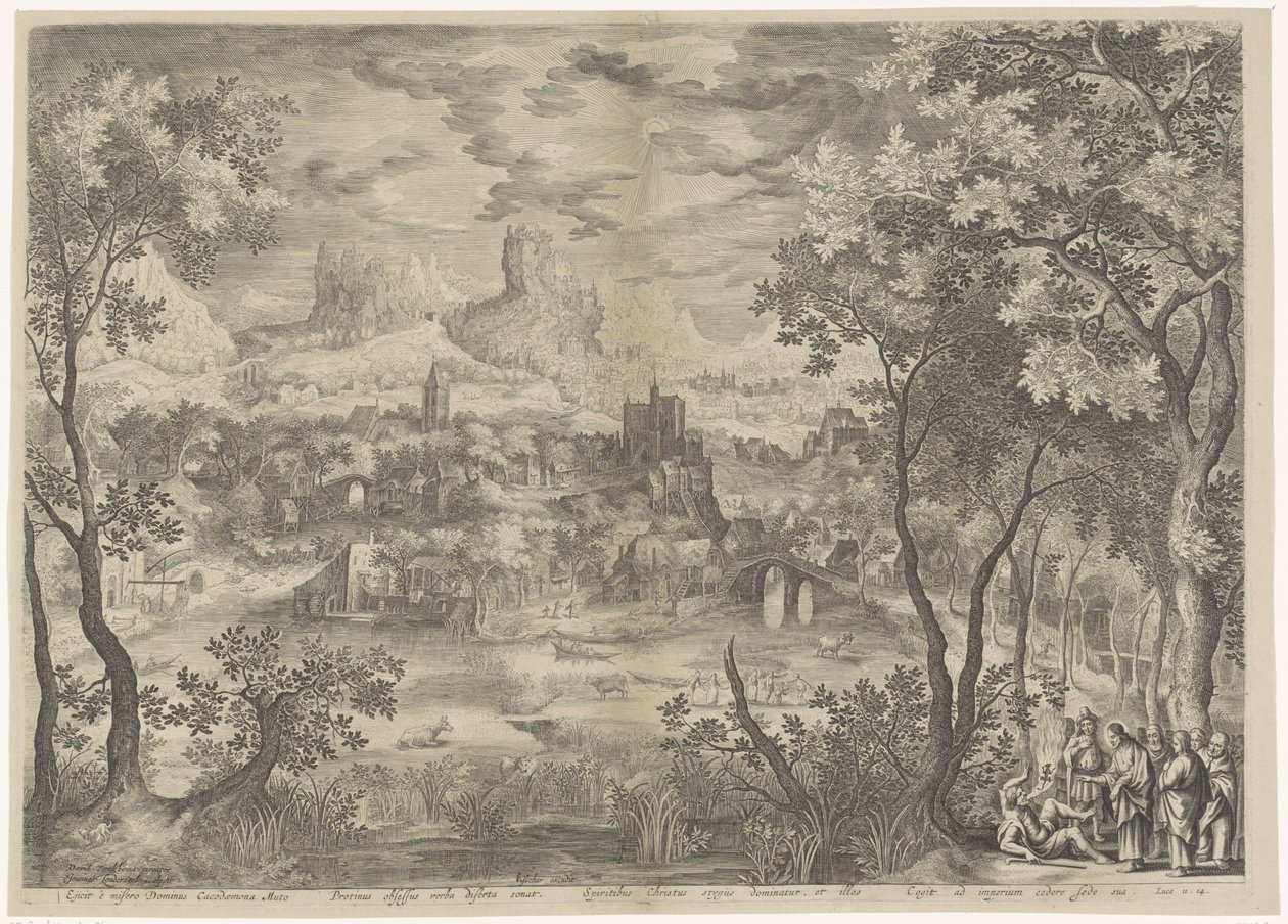 Landschap conoció a Christus die een demon uitdrijft bij een stomme man Expulsa al miserable Señor Cacodaemona, obsesionado con el mito, pronuncia palabras elocuentes a los espíritus, Cristo domina a los estigios y los obliga a entregar su asiento al imper de Jan van Londerseel