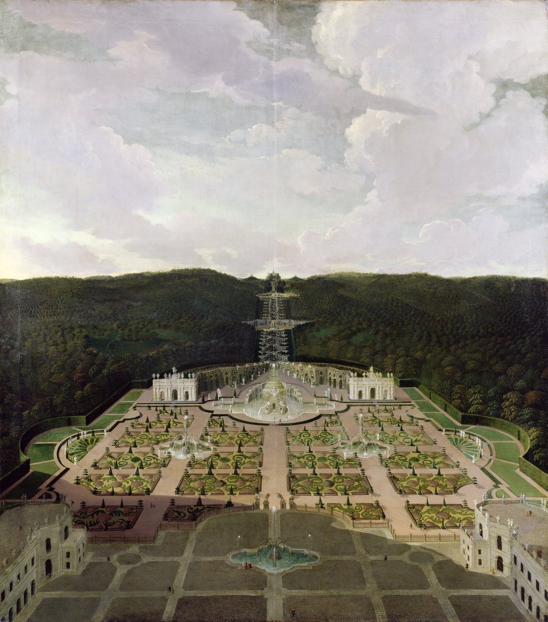 Vista desde el jardín y la gruta al pie de las cascadas hasta el octágono, después de 1716 de Jan van Nickelen