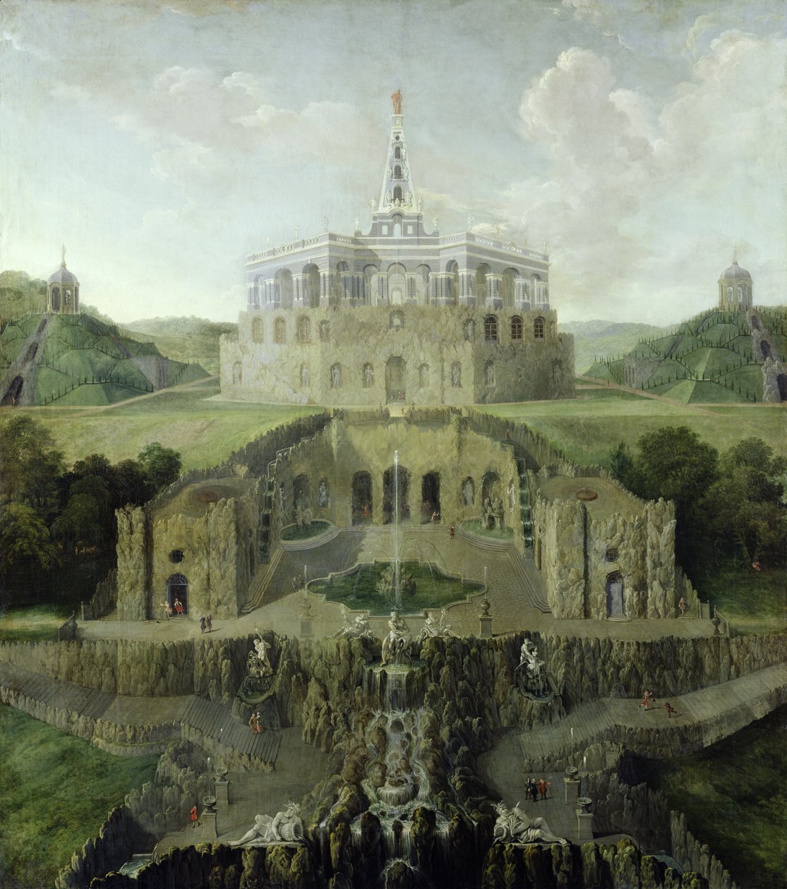 Vista desde las cascadas de Riesenkopf sobre la gruta de agua distorsionada hasta el octágono, después de 1716 de Jan van Nickelen