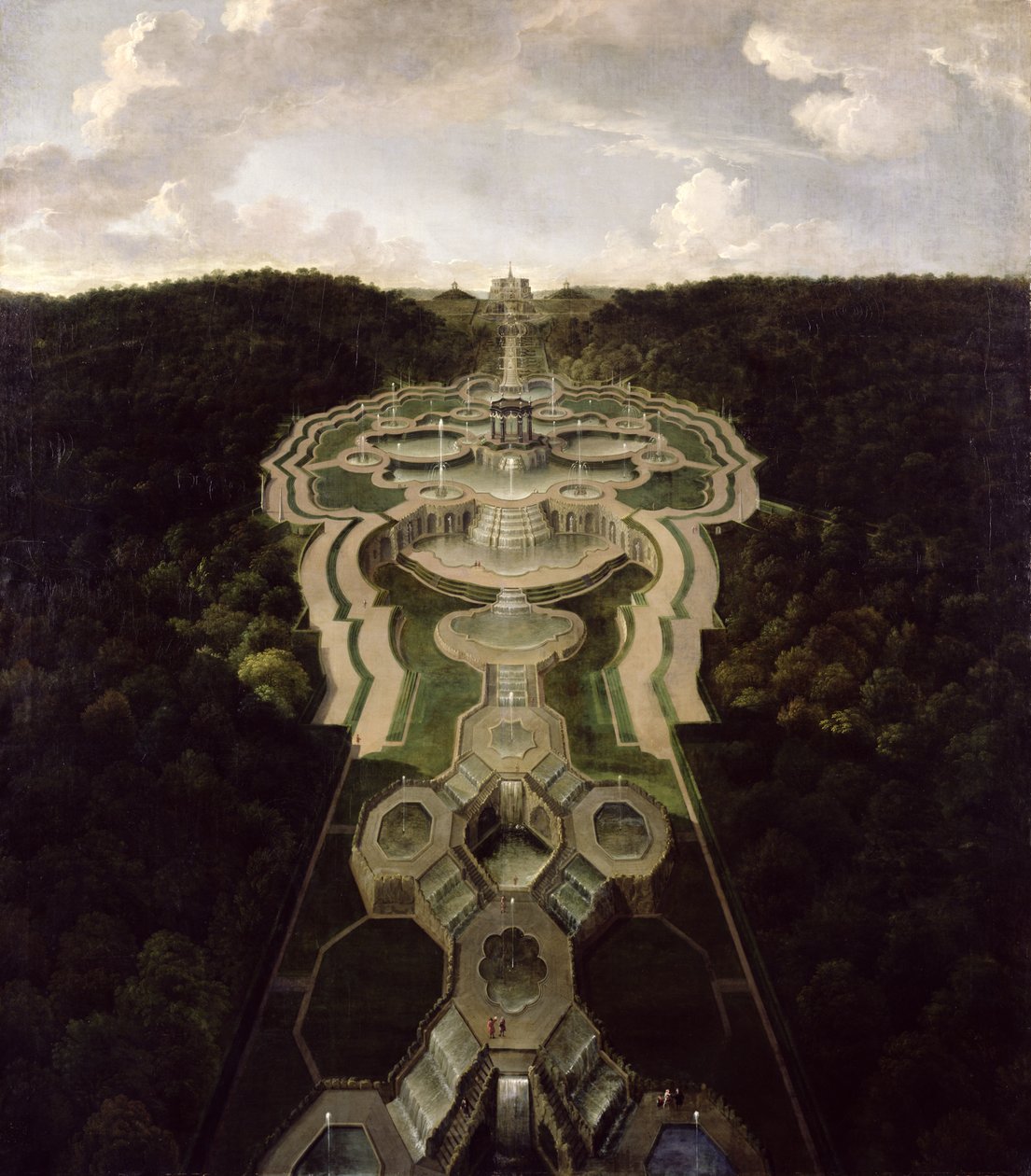 Vista sobre la gran plaza con templo al comienzo del segundo tercio de las cascadas hasta el octágono, después de 1716 de Jan van Nickelen