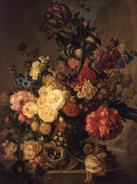 Flores en una Repisa junto a una Cascada de Jan van Os