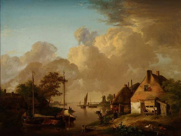 Paisaje fluvial con pueblo, barcazas y campesinos de Jan van Os