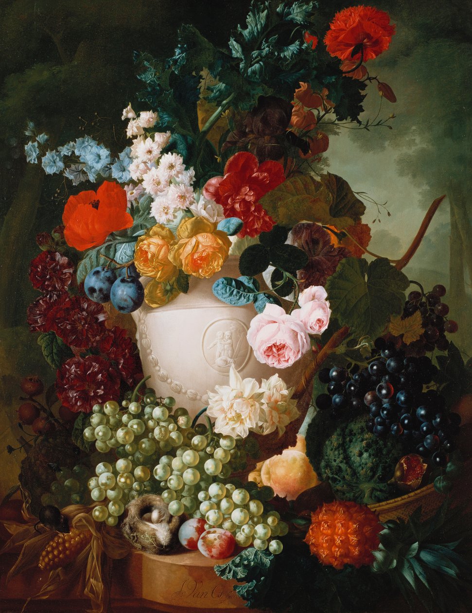 Rosas, Amapolas y Otras Flores en un Florero Esculpido con Frutas, un Ratón y un Nido de Pájaros en un Saliente de Piedra de Jan van Os