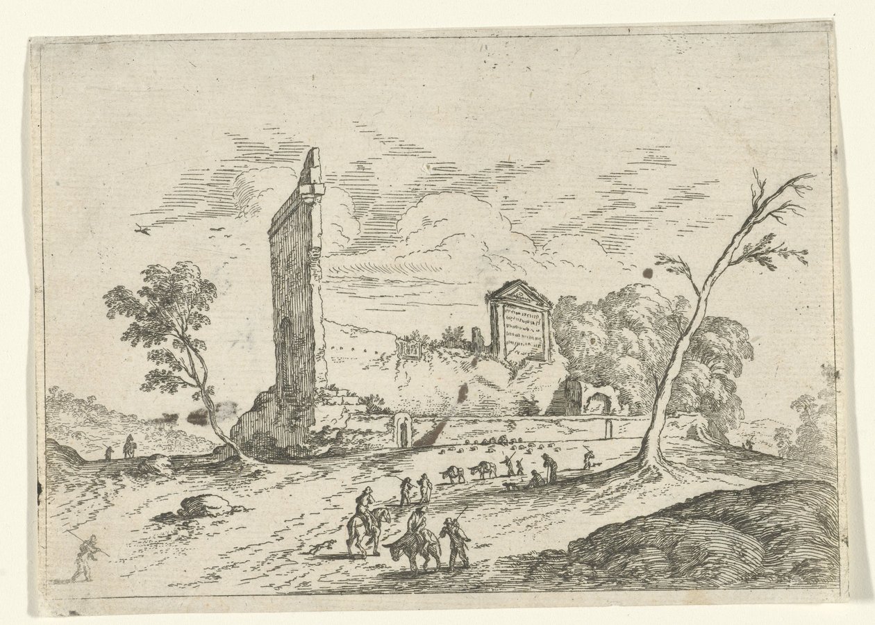 Paisaje con ruinas romanas y pastores de burros de Jan van Ossenbeeck (attributed to)