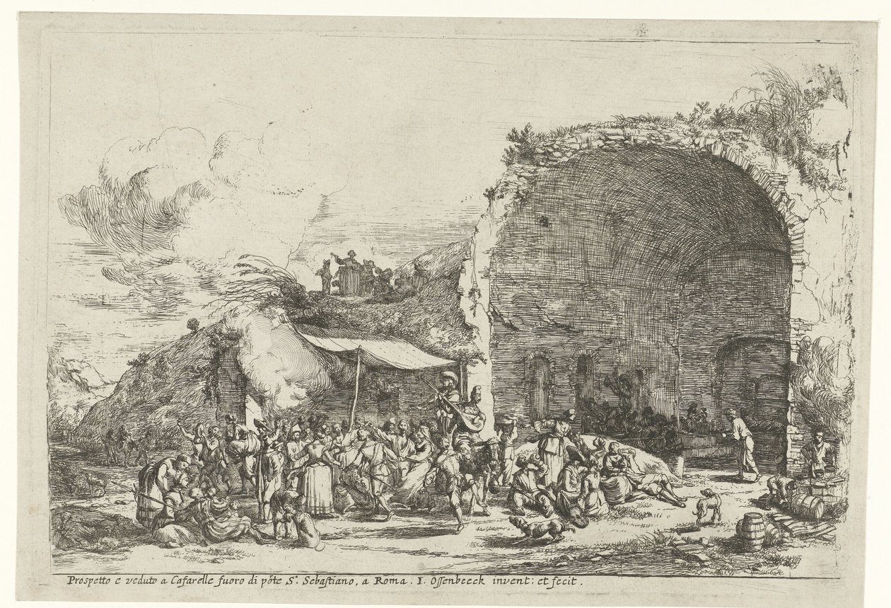 Fiestas en las ruinas de la cueva de la ninfa Egeria Prospetto e veduto a Cafarelle fuoro di porte S. Sebastiano, a Roma (título sobre objeto) de Jan van Ossenbeeck