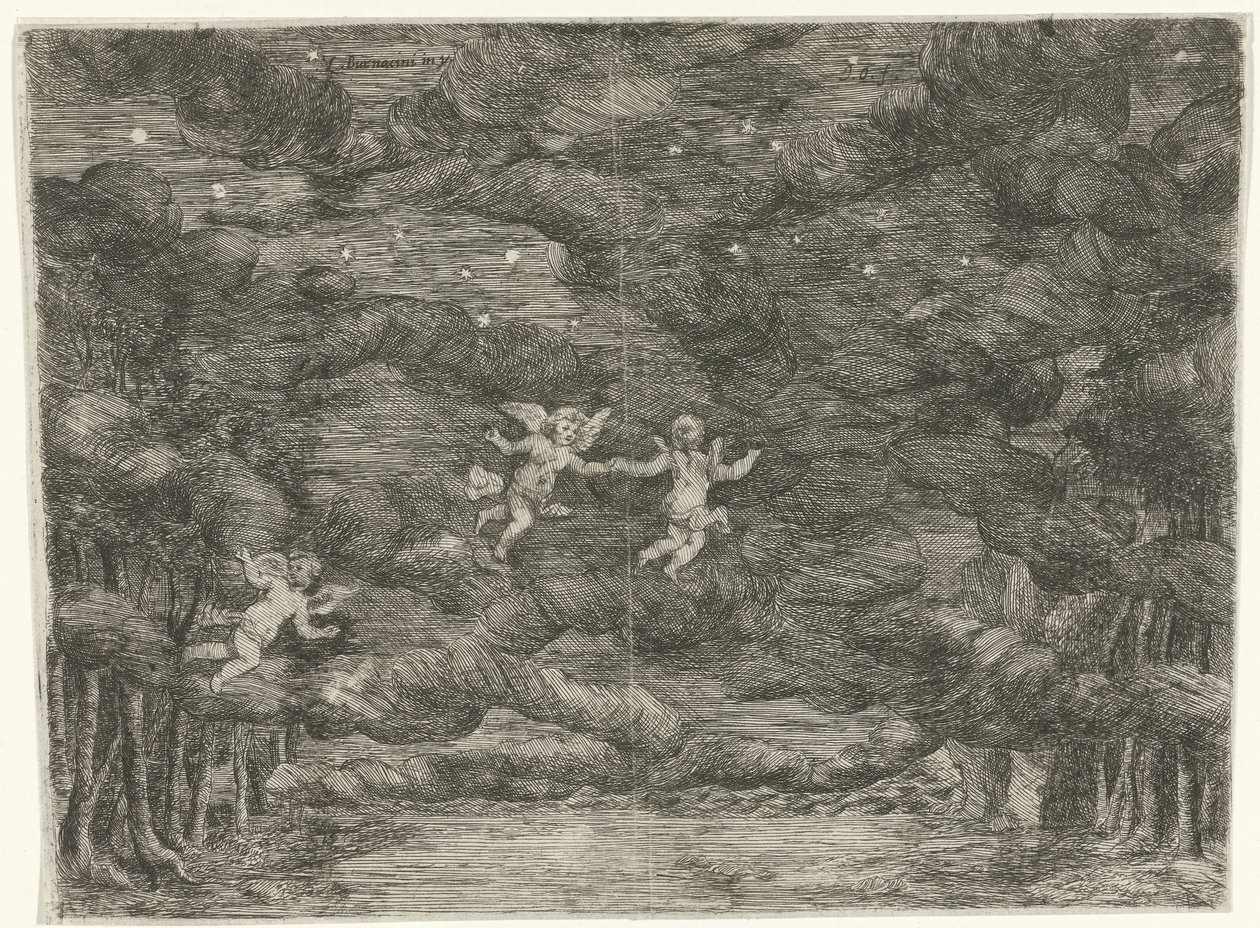 Decoración escénica con ángeles en el cielo nocturno. de Jan van Ossenbeeck