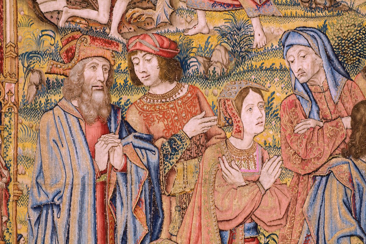 Tapices flamencos. Serie La pasión de Cristo: Descenso de la cruz (Kruisafneming, Descendimiento de la cruz). Fabricación Pieter van Aelst. Dibujante Jan van Roome. Hacia 1507-1520. Detalle. de Jan van Roome