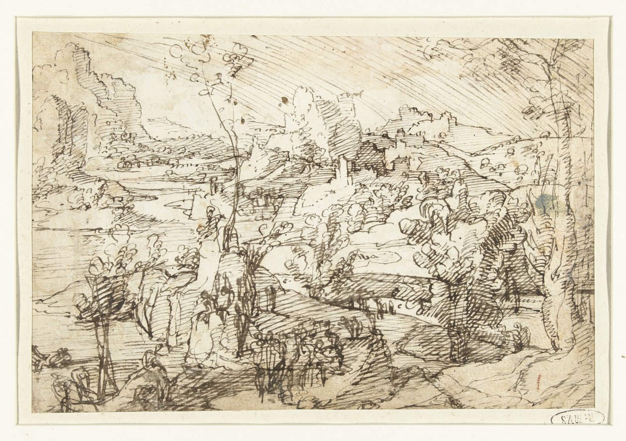 Paisaje con rocas, figuras y un barco de vela de Jan van Scorel (attributed to)