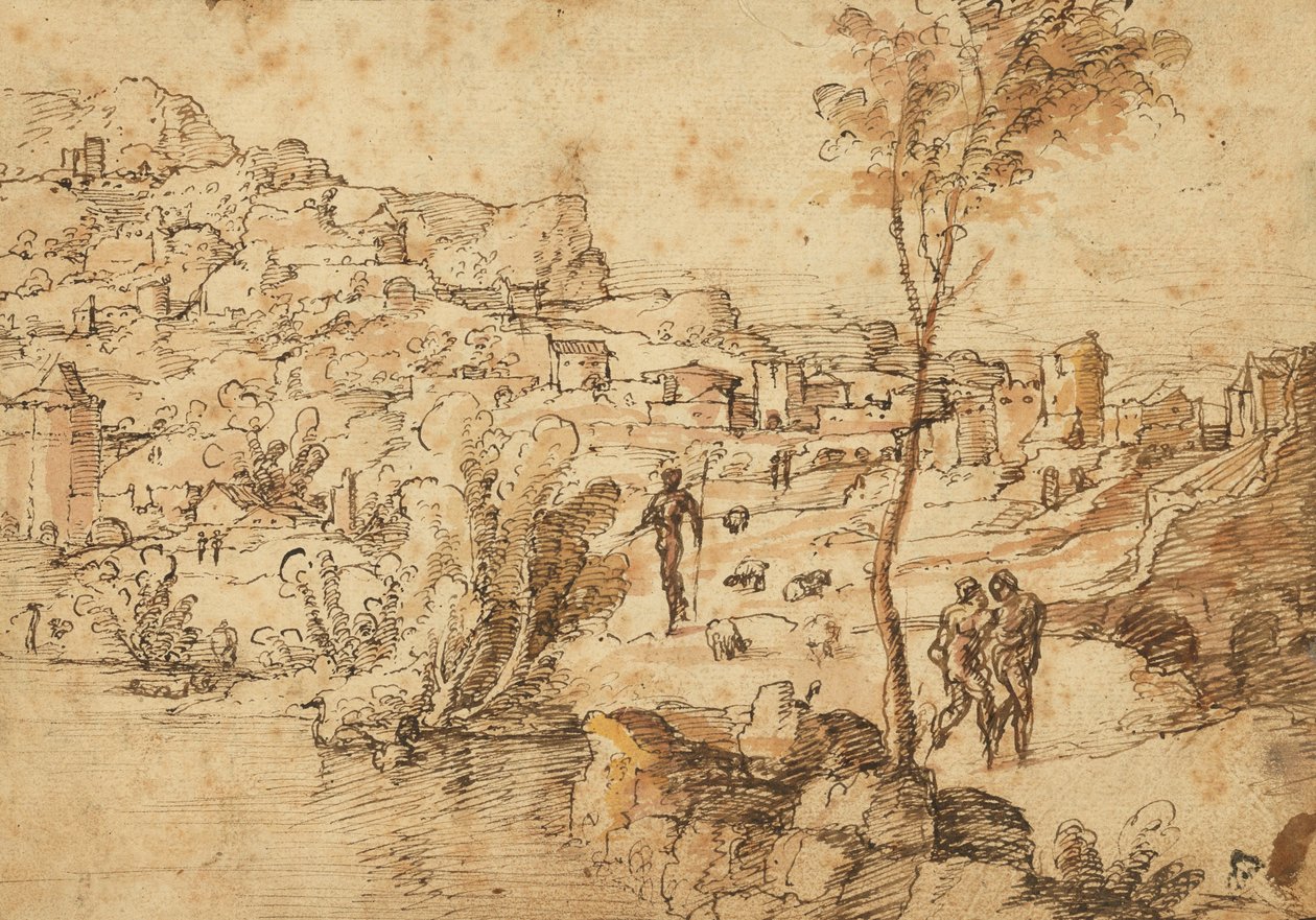 Paisaje con pastores junto a un río y una ciudad más allá (anverso); Estudios de figuras y ruinas romanas (reverso) de Jan van Scorel