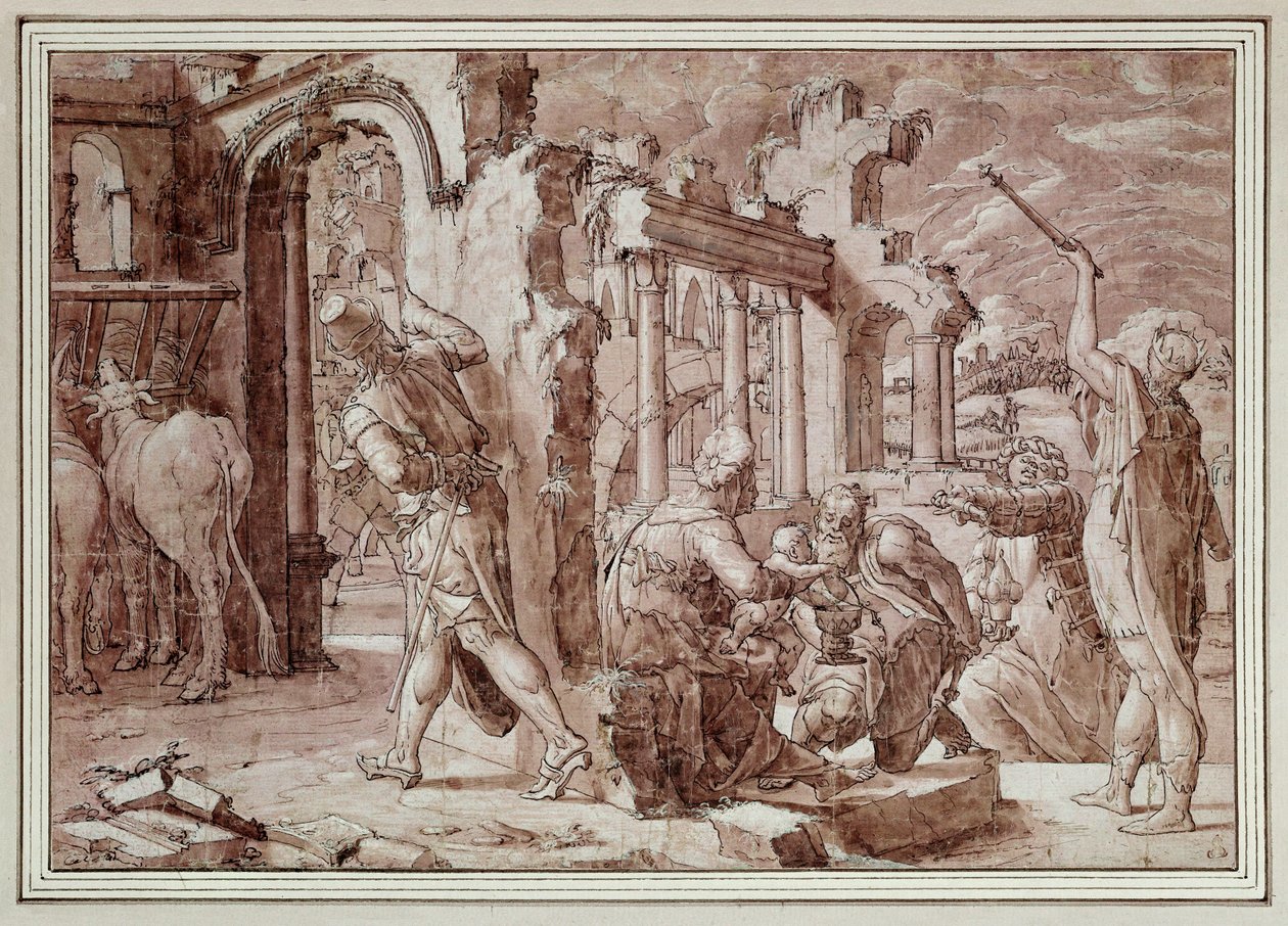 La Adoración de los Reyes Magos. Dibujo a tinta de Jan van Scorel
