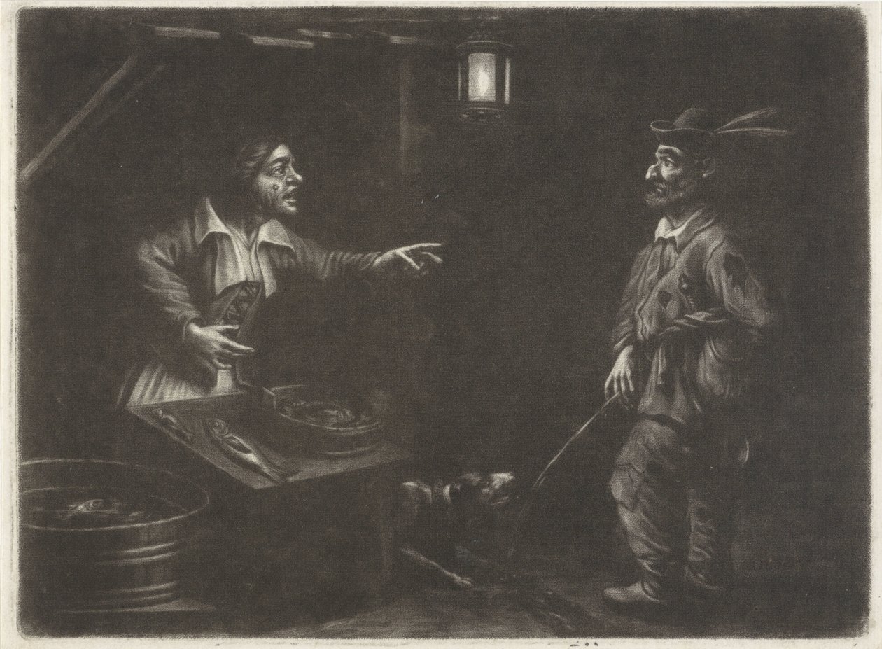 Vista nocturna con vendedor de pescado y hombre orinando de Jan van Somer