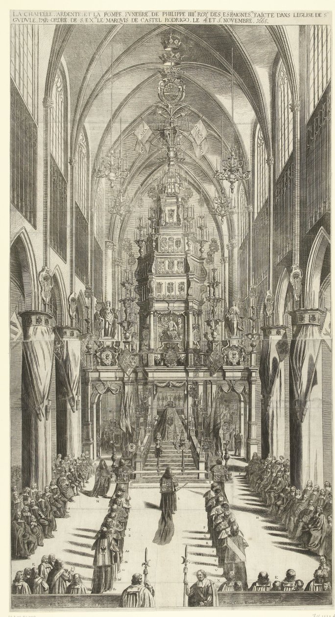 Lijkdienst voor Filips IV te Brussel, 1665 La capilla ardiente y el cortejo fúnebre de Philippe IIIe roy des Espaignes realizado en la iglesia de Ste. Gudule en orden de s. exceso. el marqués de Castel Rodrigo el 4 y 5 de noviembre de 1665 (título sobre ob de Jan van Troyen