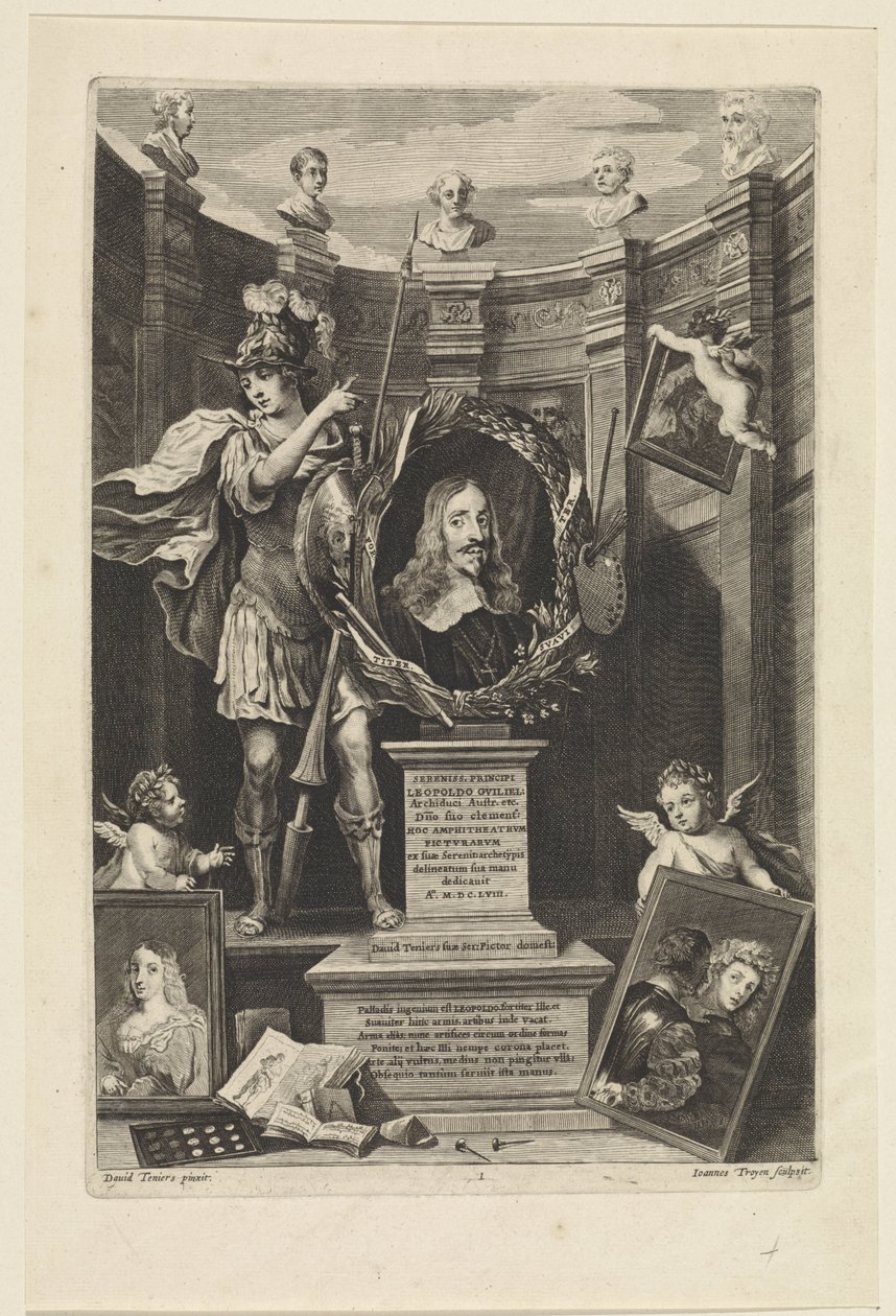 Retrato del archiduque Leopoldo Guillermo de Austria como coleccionista de arte Theatrum Pictorium (título de la serie) Página de título para: David Teniers, Theatrum Pictorium, 1658 de Jan van Troyen