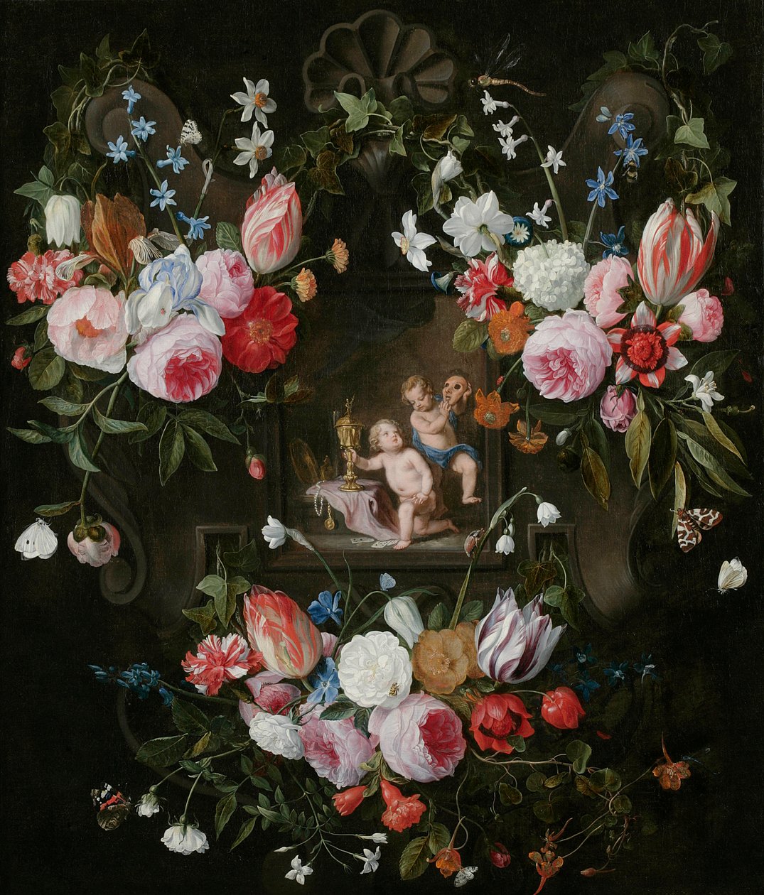 Naturaleza Muerta de Flores Alrededor de una Imagen Alegórica de Putti con Objetos Costosos y una Máscara, 1648 de Jan van and Balen, Hendrik van Kessel