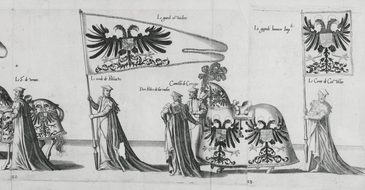 Banderas en el cortejo fúnebre del Emperador Carlos V, 1559 de Jan van and Doetechum Doetechum the elder