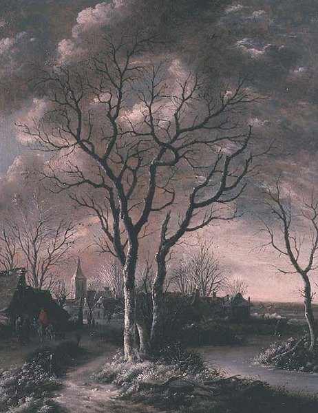 Paisaje de río congelado con viajeros en un camino de Jan van de Capelle or Cappelle
