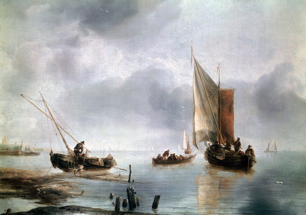 Un pequeño barco en vientos ligeros y otro encallado, ca 1650-1660, por Jan van de Cappelle, óleo sobre lienzo de Jan van de Capelle or Cappelle