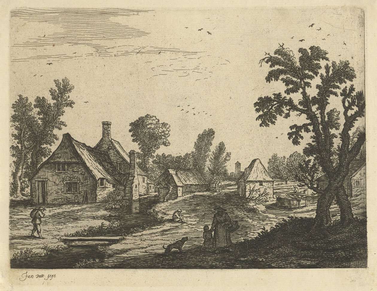 Vista del pueblo con mujer y niño en la calle del pueblo de Jan van de Cappelle (attributed to)