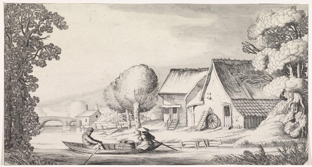 Granjero y esposa de granjero en un bote de remos Playsante paisajes y caras divertidas (título de la serie) de Jan van de Velde (II)