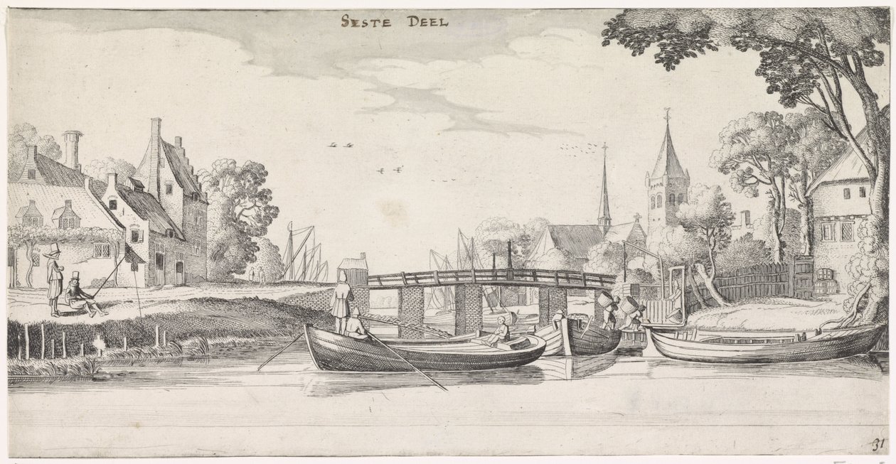 Barcos en un embarcadero en un pueblo Playsante paisajes y caras divertidas (título de la serie) de Jan van de Velde (II)