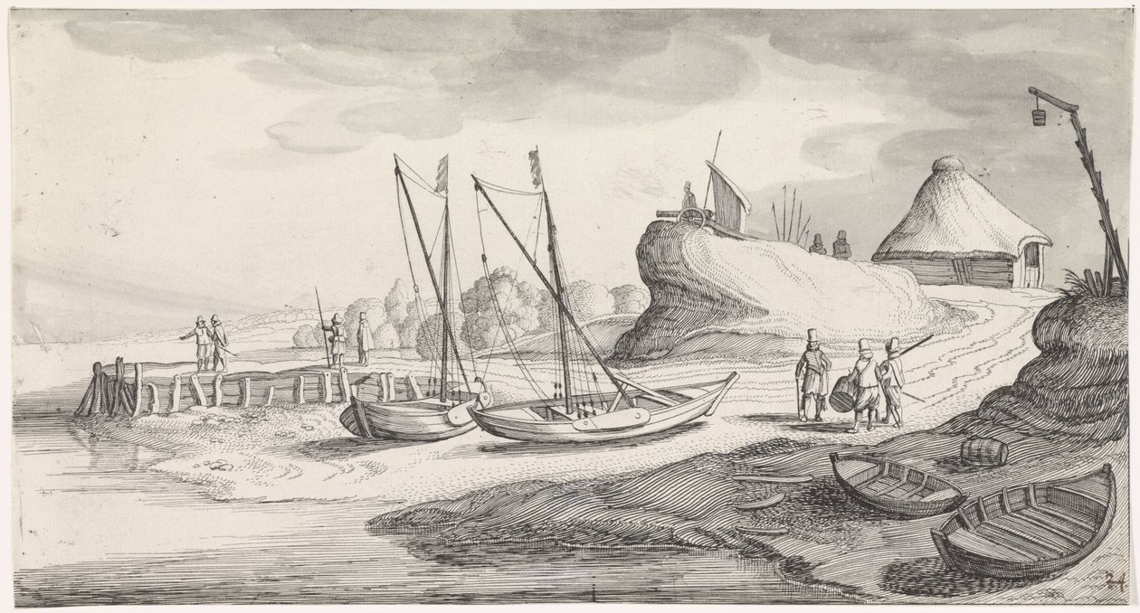 Barcos en la orilla del río Playsante paisajes y caras divertidas (título de la serie) de Jan van de Velde (II)