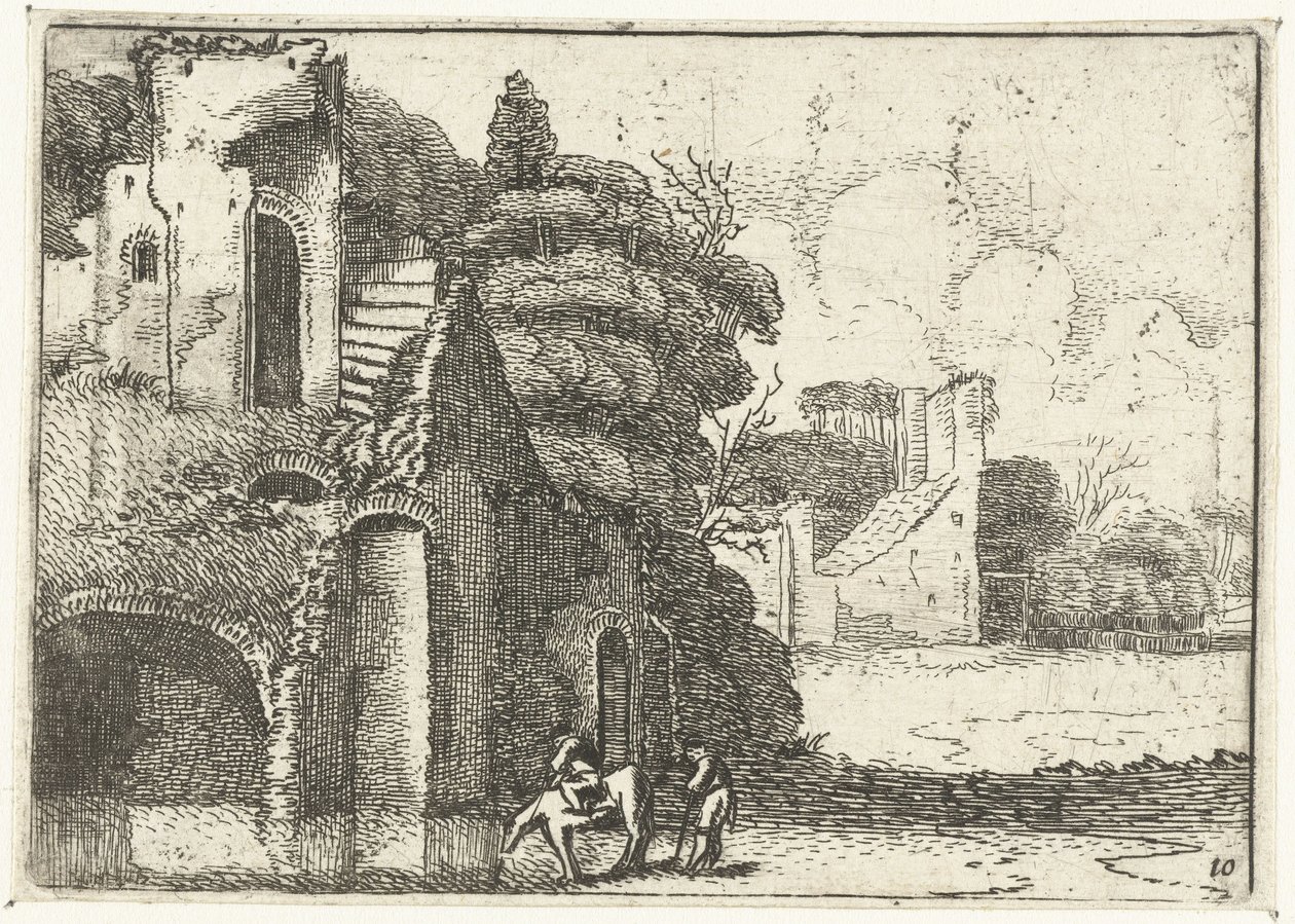Caballo bebiendo en ruinas Pequeños paisajes (título de serie) de Jan van de Velde (II)