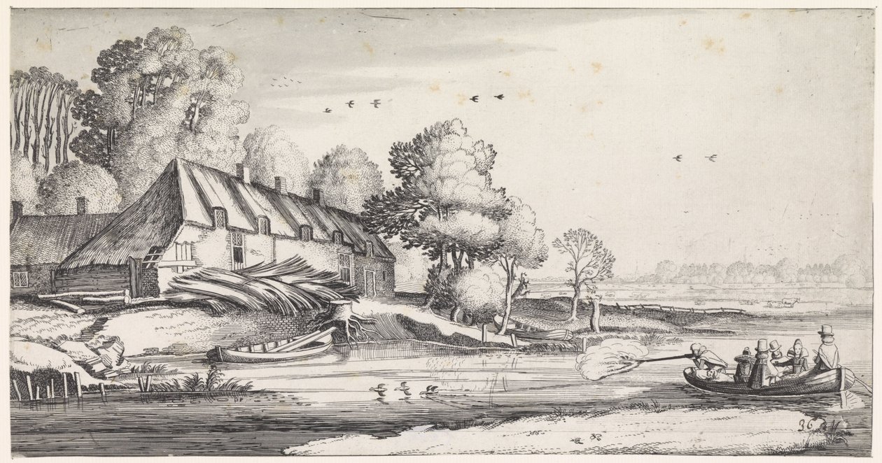 Caza de patos en un río cerca de una granja Playsante paisajes y caras divertidas (título de la serie) de Jan van de Velde (II)