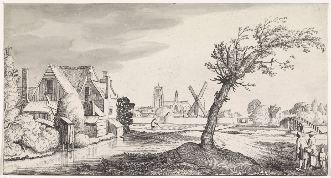 Familia en una casa con una ciudad al fondo Playsante paisajes y caras divertidas (título de la serie) de Jan van de Velde (II)