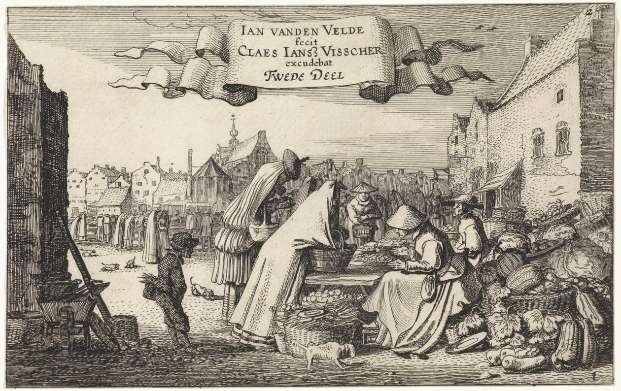 Cifras en un puesto de verduras en un mercado Paisajes (título de la serie) Amenissimae aliquot requculae (título de la serie) de Jan van de Velde (II)