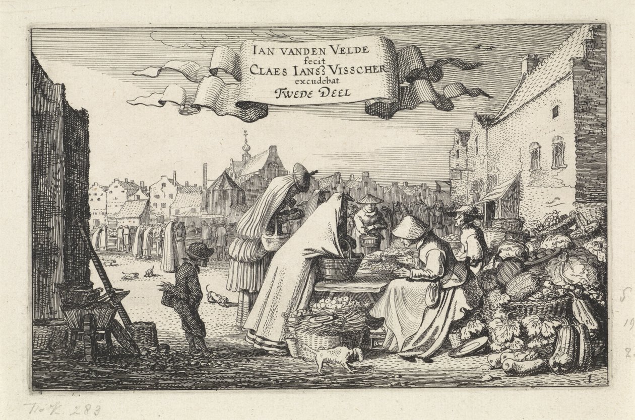 Cifras en un puesto de verduras en un mercado Paisajes (título de la serie) Amenissimae aliquot requculae (título de la serie) de Jan van de Velde (II)
