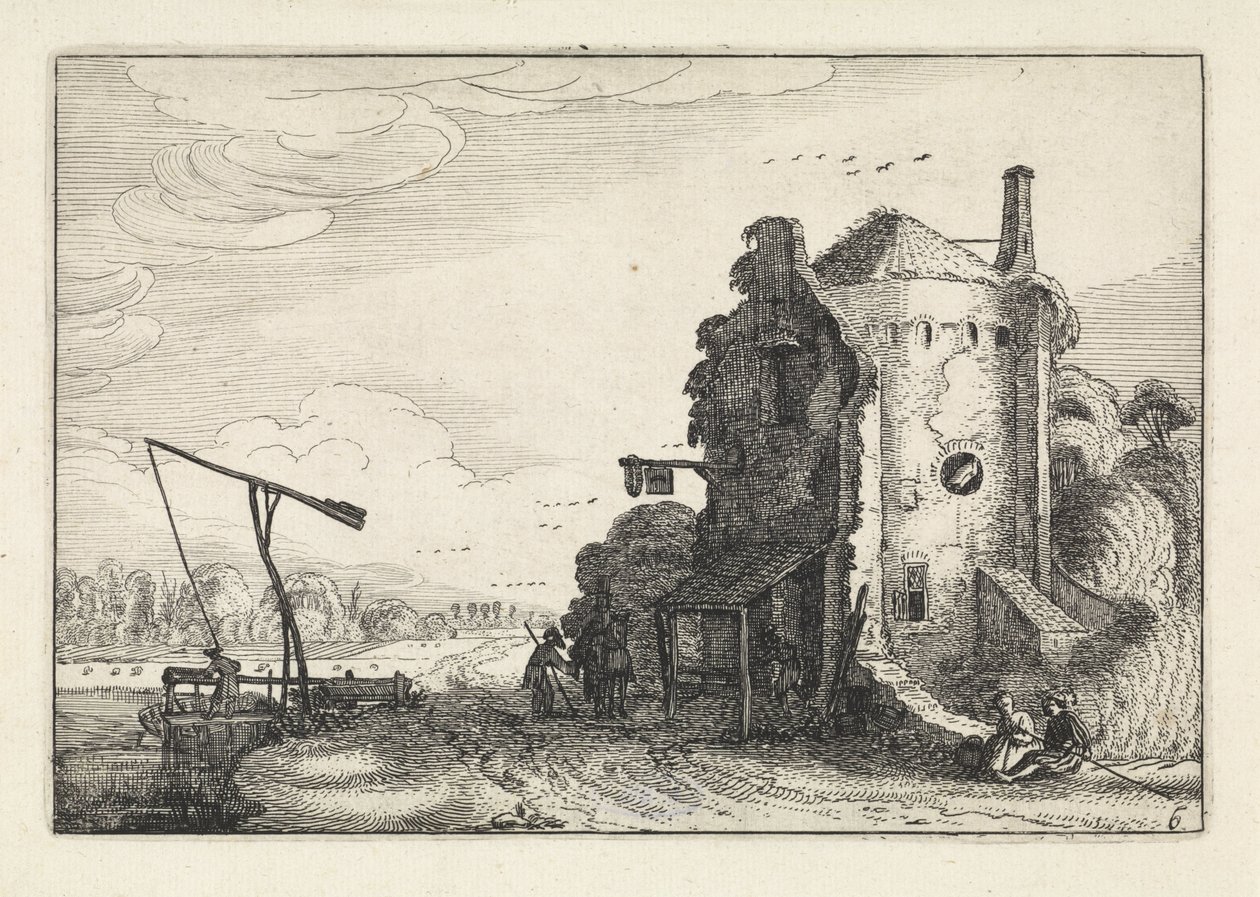 Cifras en una posada en una torre redonda Paisajes (título de la serie) Amenissimae aliquot requculae (título de la serie) de Jan van de Velde (II)