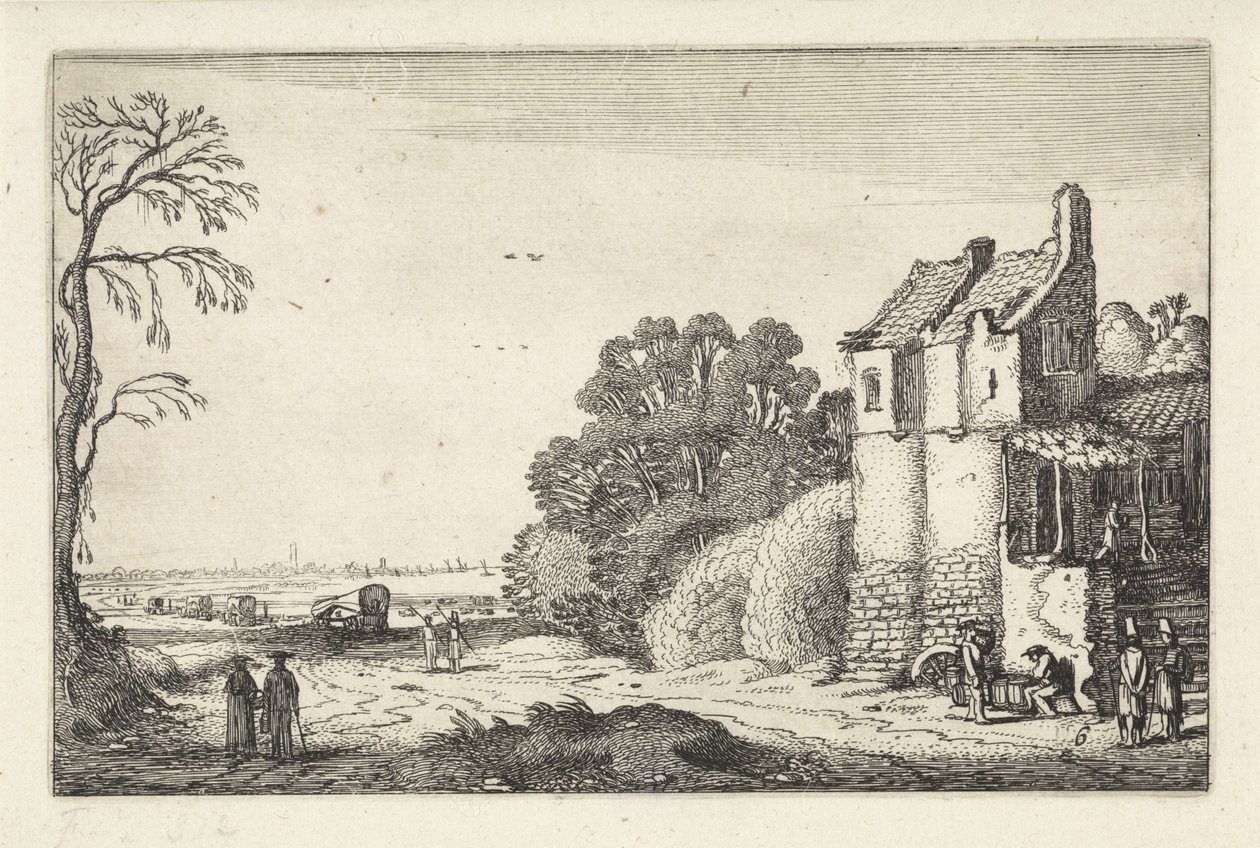 Cifras en una casa y vagones cubiertos en un camino rural Paisajes (título de la serie) Amenissimae aliquot requculae (título de la serie) de Jan van de Velde (II)