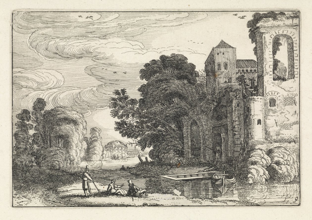 Figuras en un castillo junto a un río. Paisajes (título de la serie) Amenissimae aliquot requculae (título de la serie) de Jan van de Velde (II)