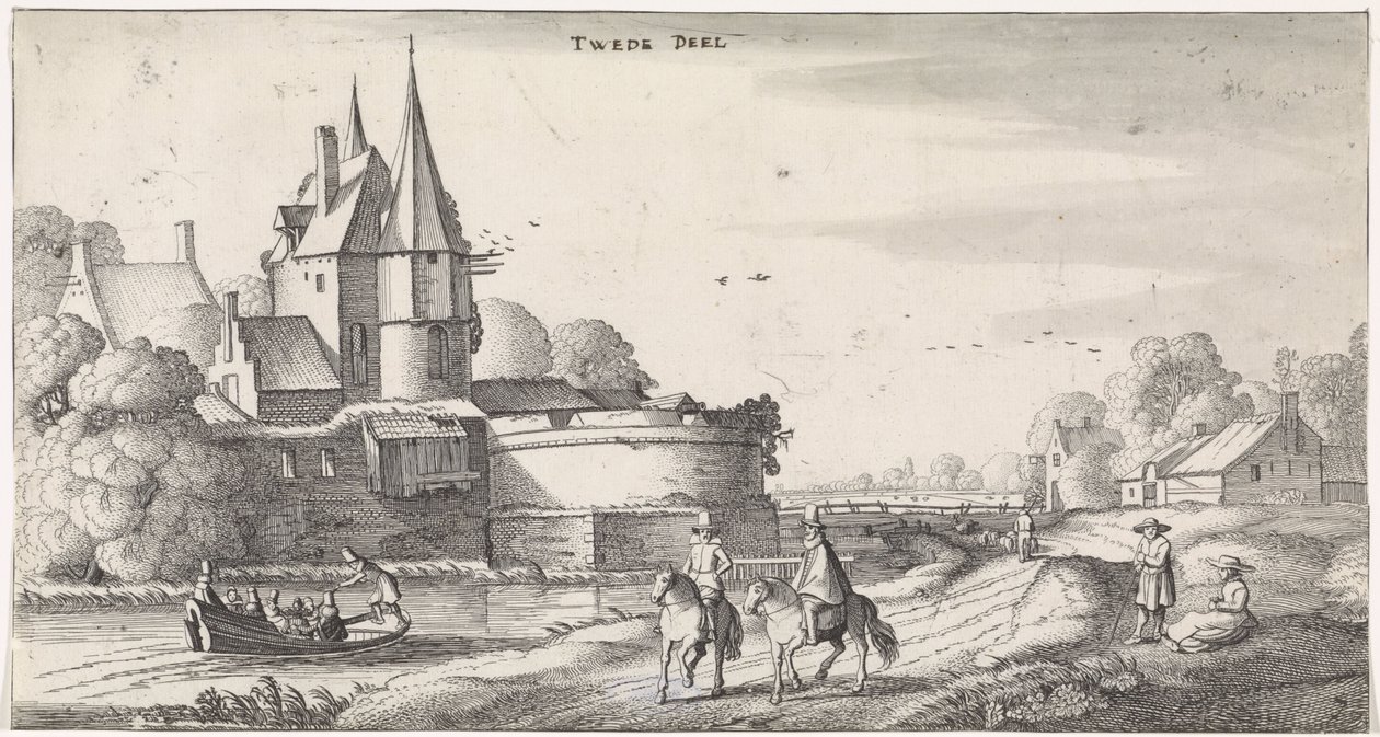 Figuras en un castillo en un paisaje fluvial Playsante paisajes y caras divertidas (título de la serie) de Jan van de Velde (II)