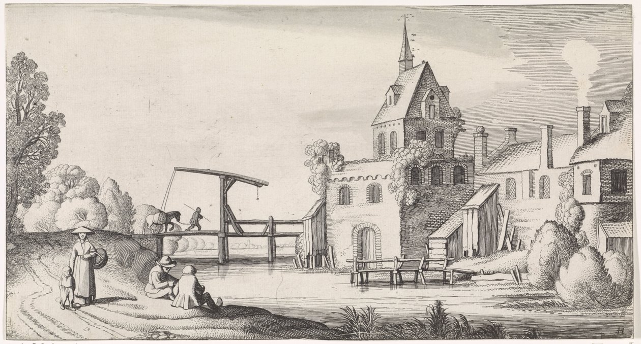 Figuras en un puente levadizo para un pueblo con una torre de iglesia Playsante paisajes y caras divertidas (título de la serie) de Jan van de Velde (II)