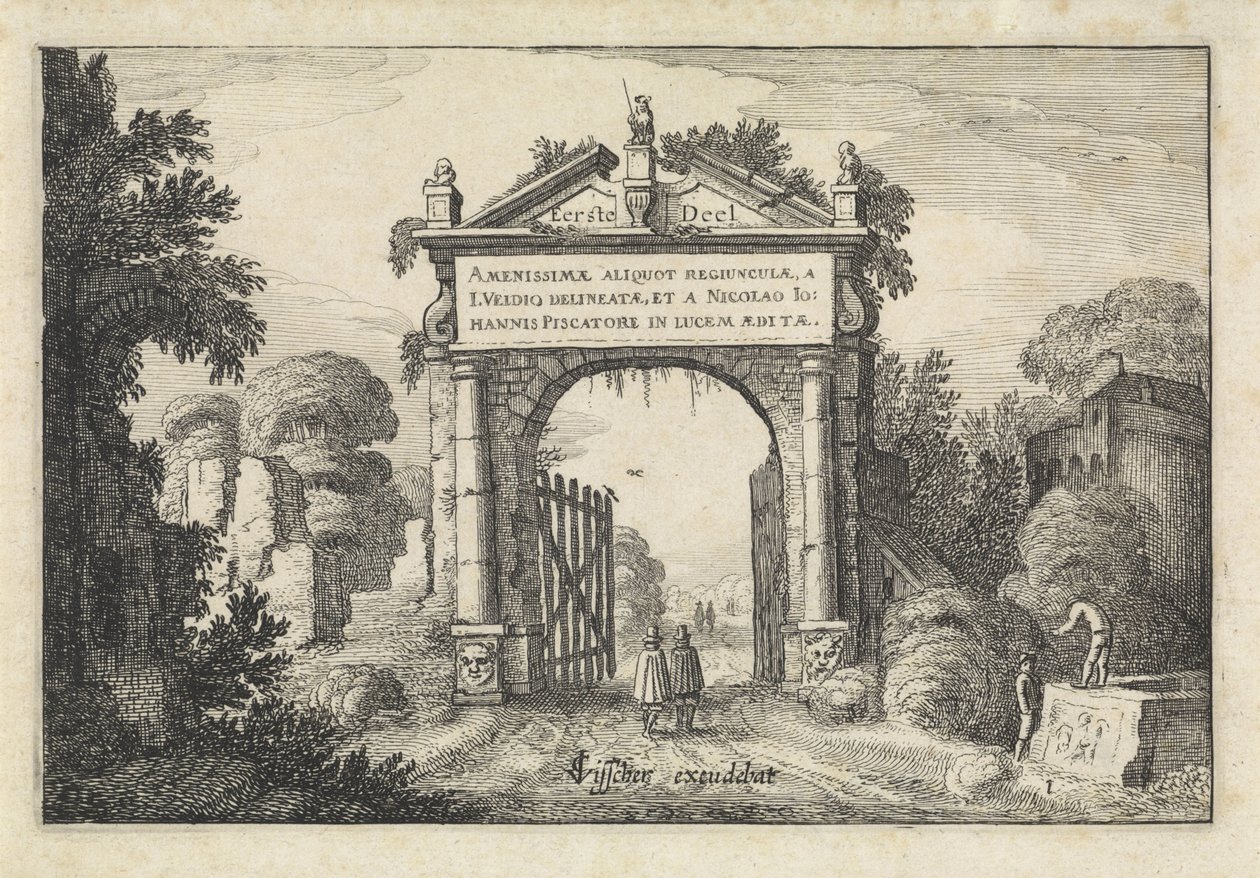 Figuras en una puerta en un paisaje. Paisajes (título de la serie) Amenissimae aliquot requculae (título de la serie en el objeto) de Jan van de Velde (II)