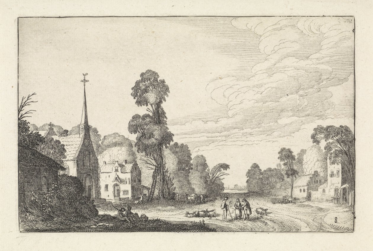 Figuras y ganado en un pueblo con iglesia Paisajes (título de la serie) Amenissimae aliquot requculae (título de la serie) de Jan van de Velde (II)