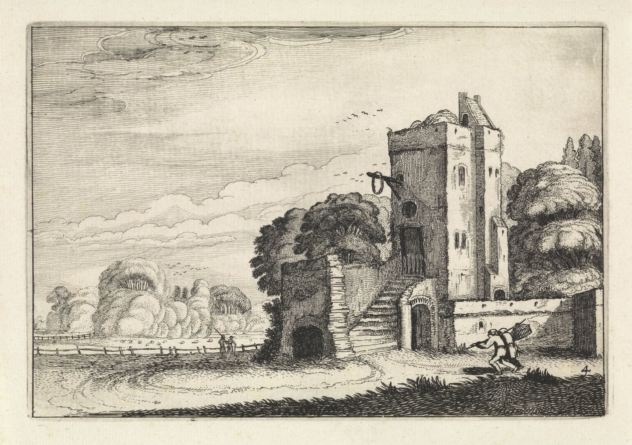 Figuras con una canasta de pájaros cerca de una torre en un paisaje Paisajes (título de la serie) Amenissimae aliquot requculae (título de la serie) de Jan van de Velde (II)