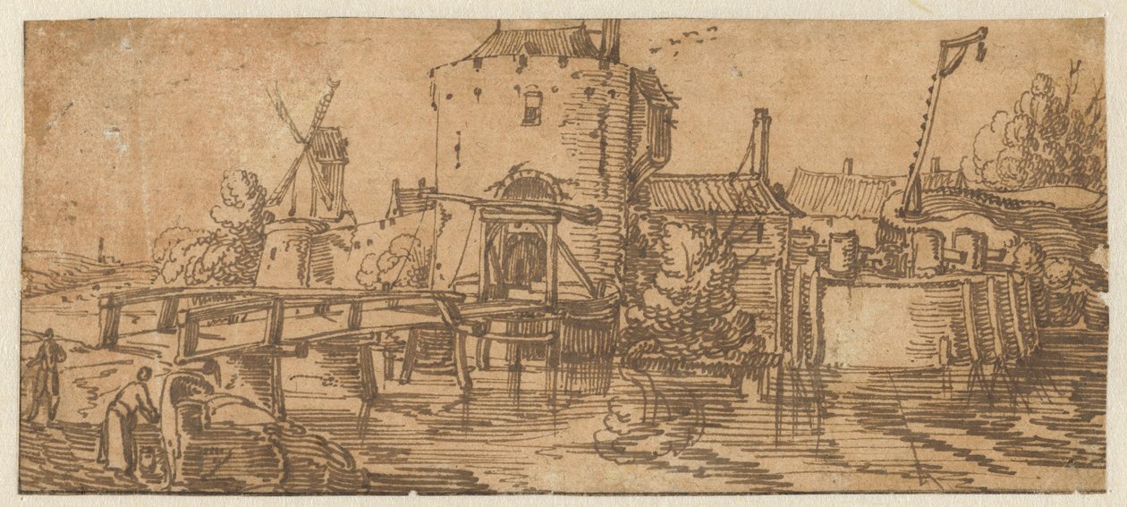 Vista de una ciudad (¿Culemburgo?) con un puente delante de una puerta de Jan van de Velde (II)