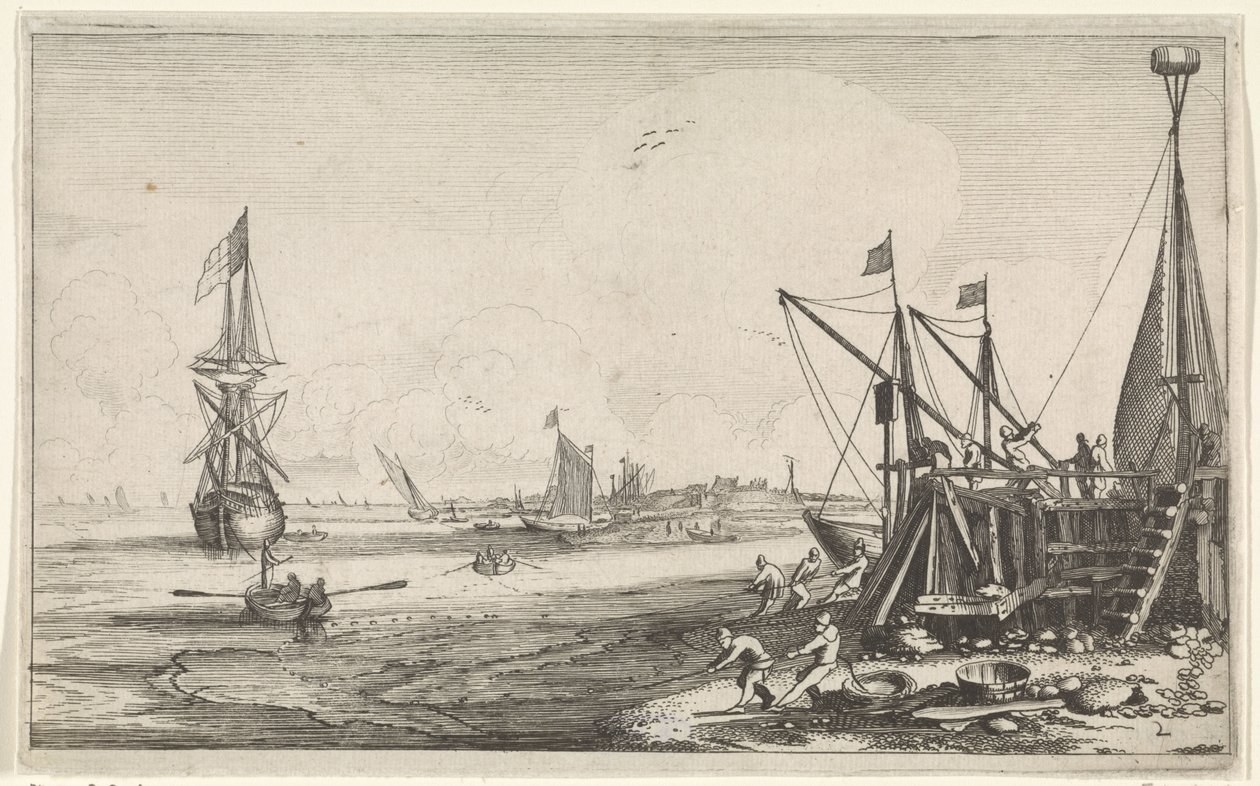 Cabeza de puerto con pescadores tirando de sus redes Paisajes marinos (título de la serie) de Jan van de Velde (II)