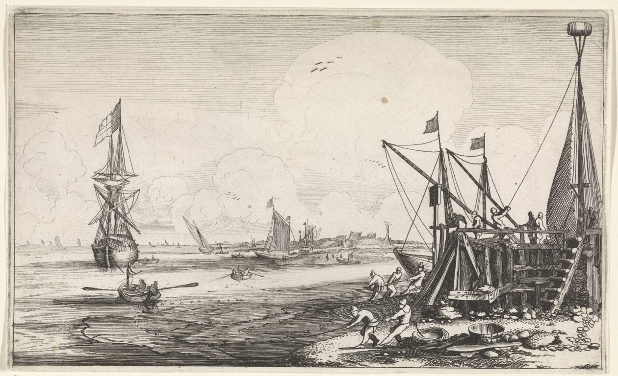 Muelle del puerto con pescadores recogiendo las redes
Paisajes marinos (título de la serie) de Jan van de Velde (II)