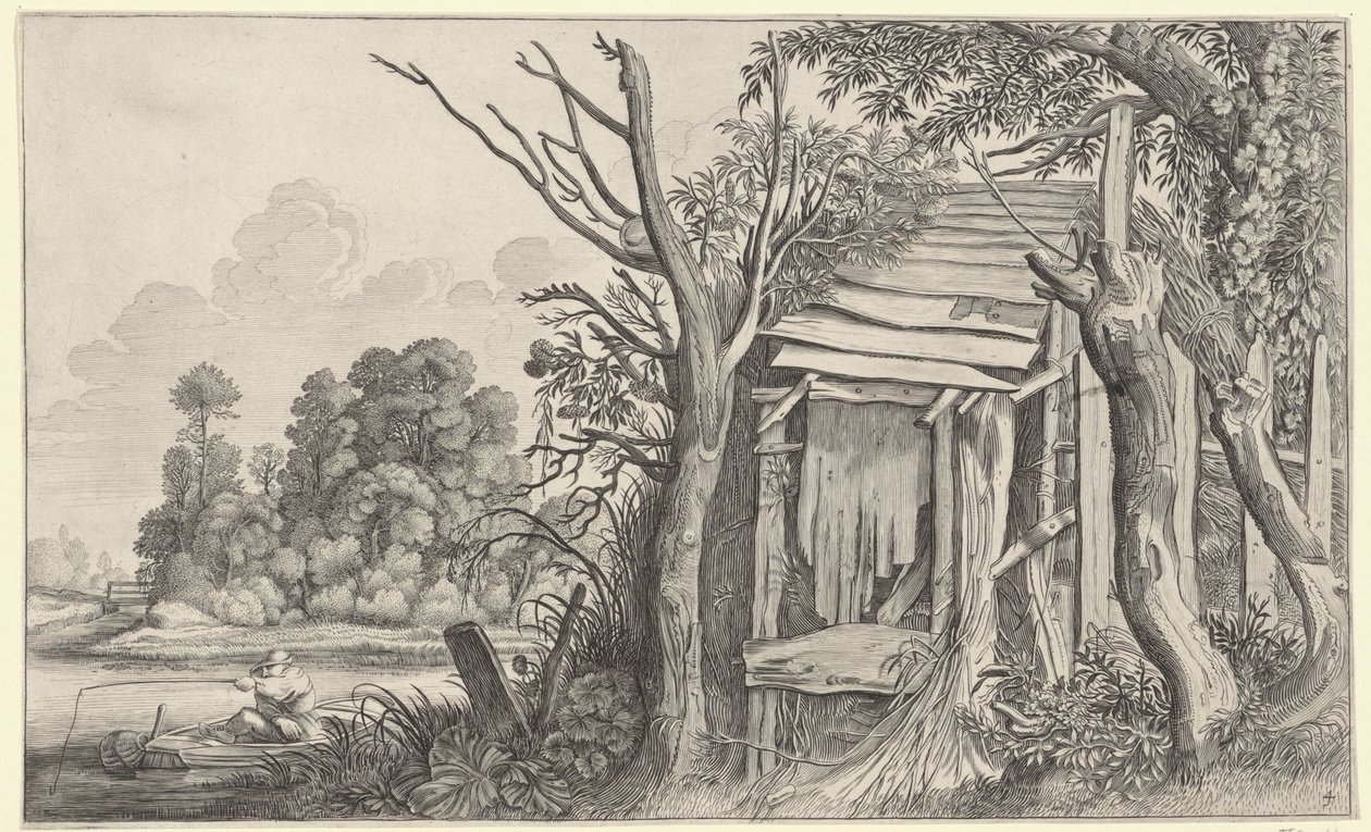 Pescador en una choza en ruinas en un paisaje Paisajes después de Pieter de Molijn (título de la serie) de Jan van de Velde (II)