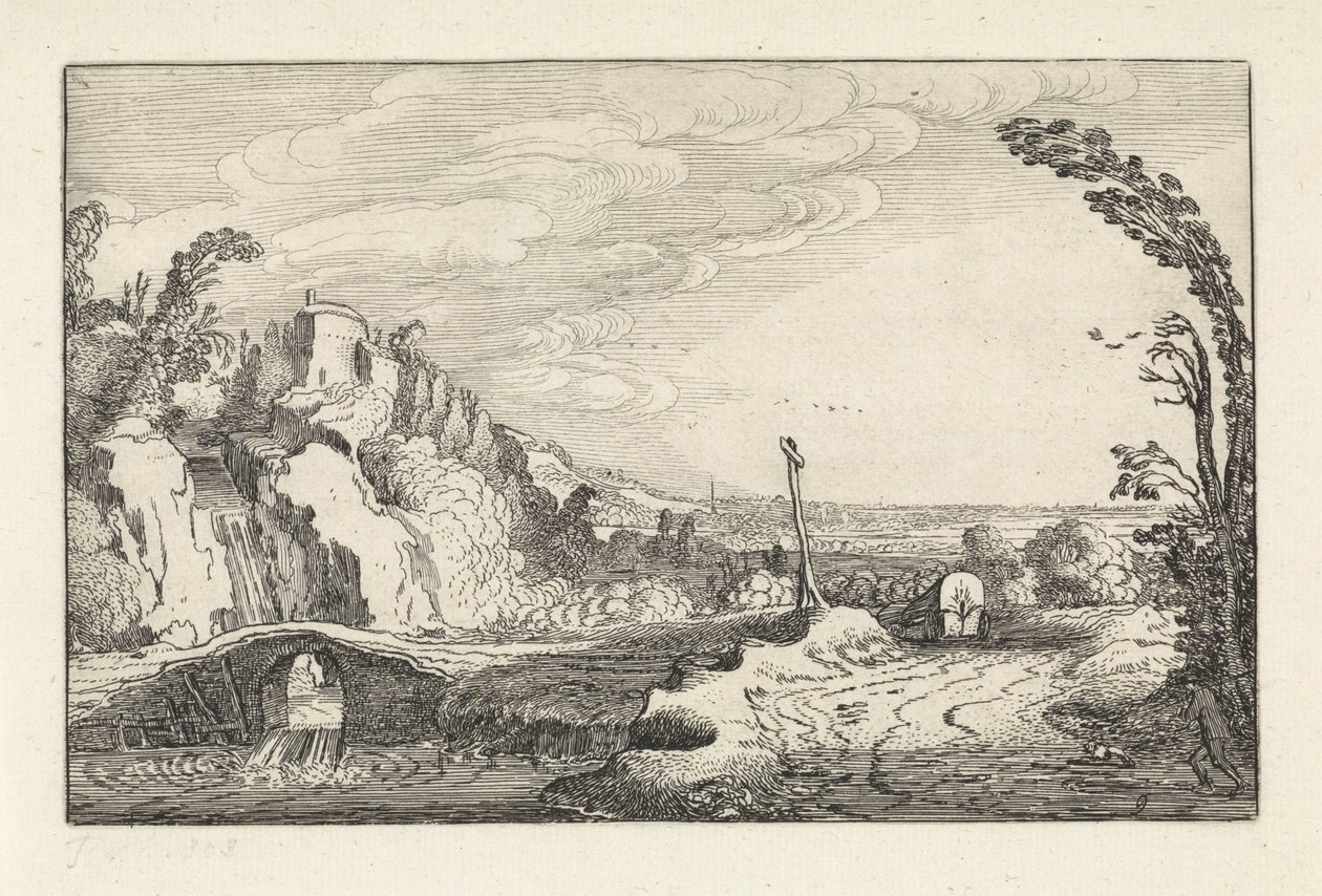 Carro cubierto en un camino en un paisaje montañoso del río Paisajes (título de la serie) Amenissimae aliquot requculae (título de la serie) de Jan van de Velde (II)