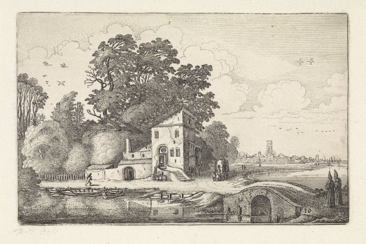 Casa junto a un puente de piedra en un paisaje fluvial Paisajes (título de la serie) Amenissimae aliquot requculae (título de la serie) de Jan van de Velde (II)