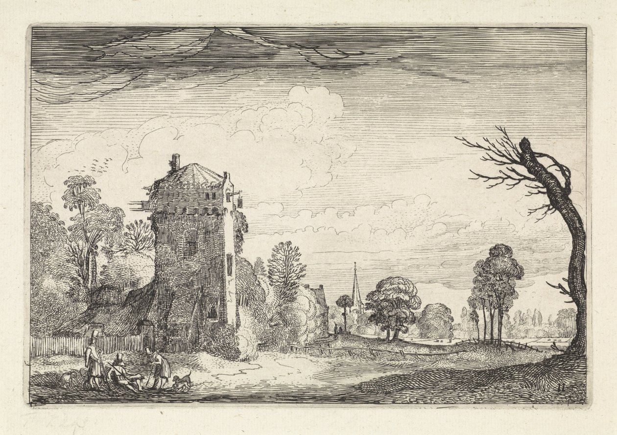 Cazadores con perros en una torre en un paisaje Paisajes (título de la serie) Amenissimae aliquot requculae (título de la serie) de Jan van de Velde (II)