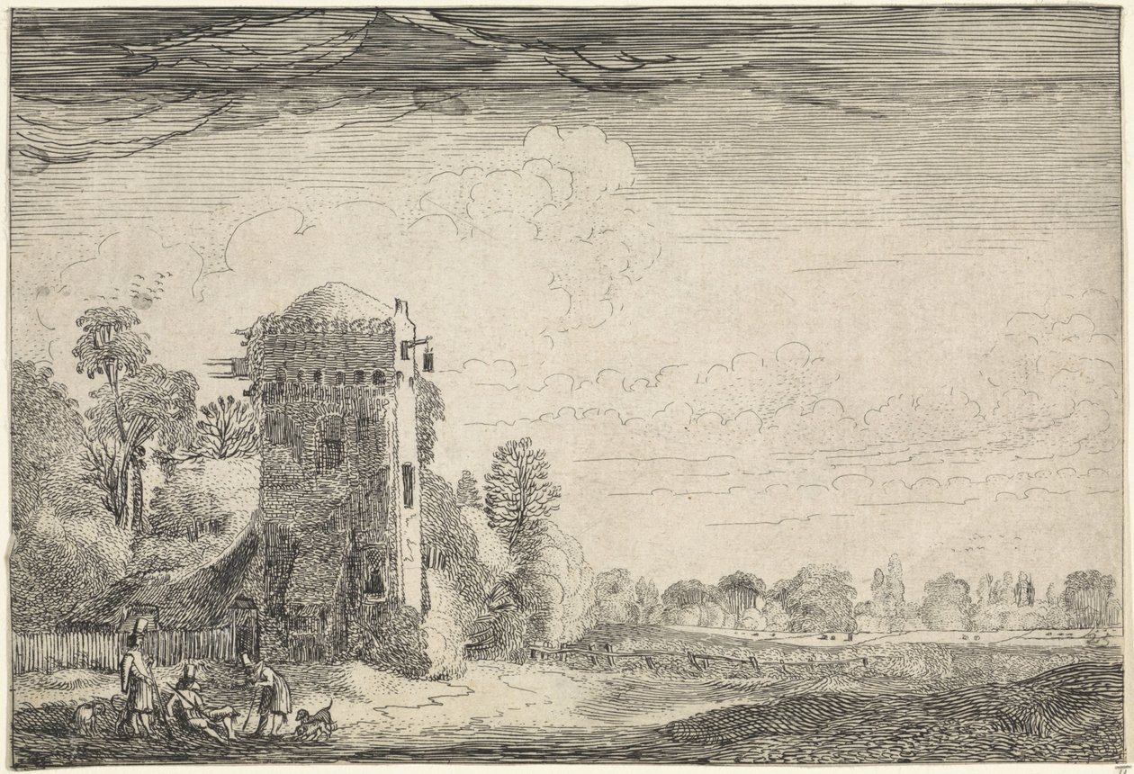 Cazadores con perros cerca de una torre en un paisaje
Paisajes (título de la serie)
Amenissimae aliquot requculae (título de la serie) de Jan van de Velde (II)