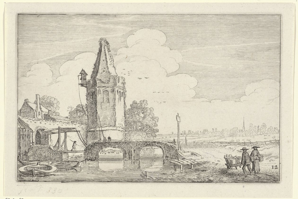 Paisaje con una torre y un puente sobre el río Niers Paisajes (título de la serie) Amenissimae aliquot requculae (título de la serie) de Jan van de Velde (II)