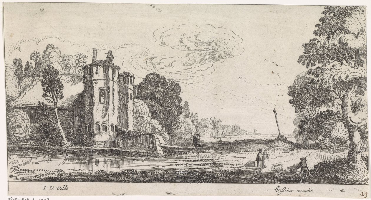 Paisaje con figuras en una casa fortificada con dos torres de Jan van de Velde (II)