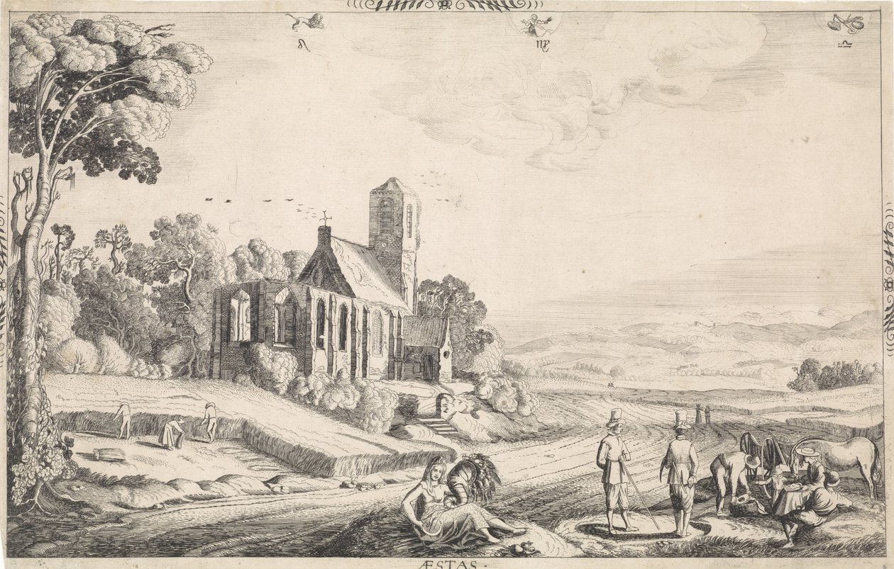 paisaje con cosecha de cereales Aestas (título sobre objeto) de Jan van de Velde (II)